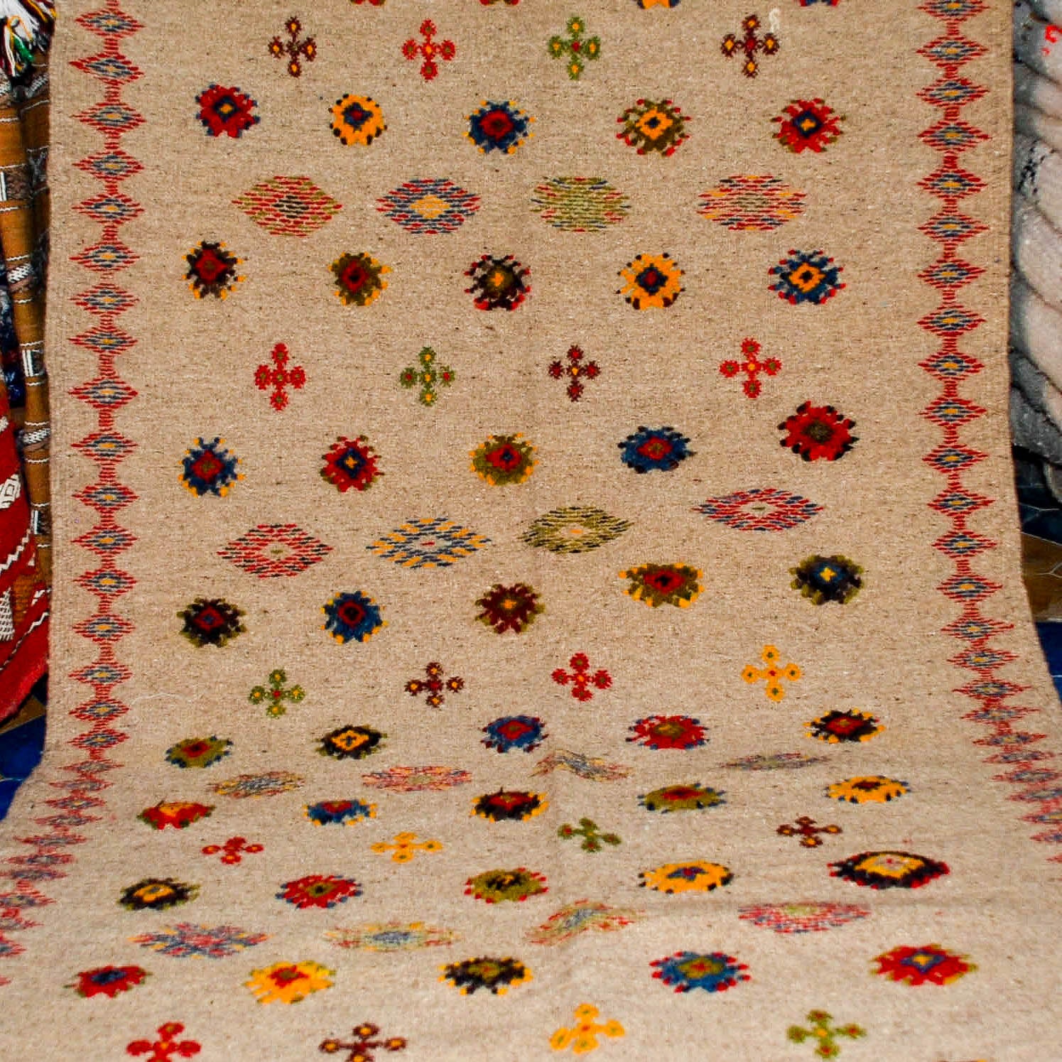 Taznakht Berber carpet, woven and embroidered carpet, 202 x 104cm feet, Morocco carpet