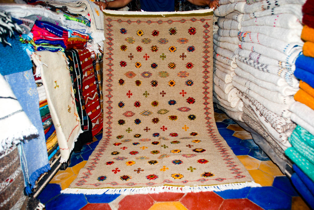 Taznakht Berber carpet, woven and embroidered carpet, 202 x 104cm feet, Morocco carpet
